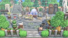 an animal crossing game with lots of animals and trees in front of the entrance to a building