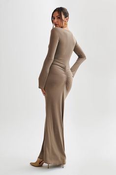 Millicent Slinky Long Sleeve Maxi Dress - Coco Stretch Ruched Maxi Dress For Night Out, Stretch Ruched Maxi Dress For Date Night, Solid Stretch Maxi Dress With Ruched Detail, Stretch Solid Color Ruched Maxi Dress, Stretch Ruched Maxi Dress In Elastane, Stretch V-neck Maxi Dress With Ruched Back, Stretch Ruched Elastane Maxi Dress, Stretch Elastane Ruched Maxi Dress, Flattering Stretch Ruched Maxi Dress