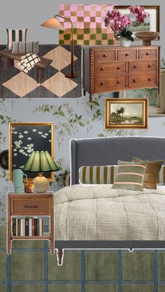 a collage of photos with different furniture and wallpapers on the same wall