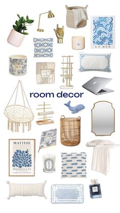 a collage of blue and white items with the words room decor above them,