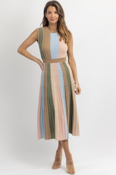 Spring Striped Ribbed Dresses, Spring Knit Midi Dress, Chic Striped Ribbed Midi Dress, Chic Ribbed Striped Midi Dress, Chic Striped Knit Dresses, Striped Ribbed Midi-length Dress, Multicolor Ribbed Dresses For Spring, Spring Multicolor Ribbed Dresses, Spring Ribbed Multicolor Dress