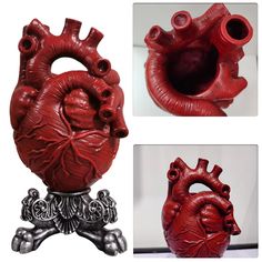 three different types of heart vases on display