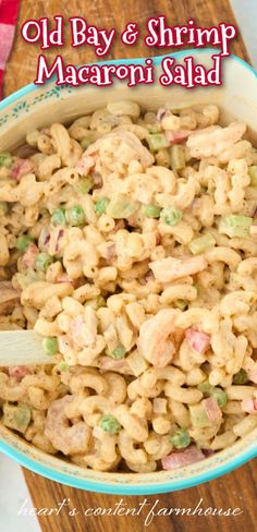 old bay and shrimp macaroni salad in a blue bowl