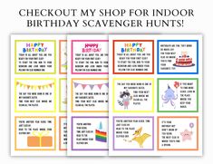 birthday scavenger cards with the words checkout my shop for indoor birthday scavenger hunts