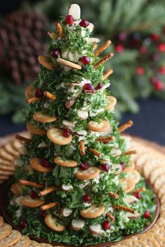 a small christmas tree made out of crackers