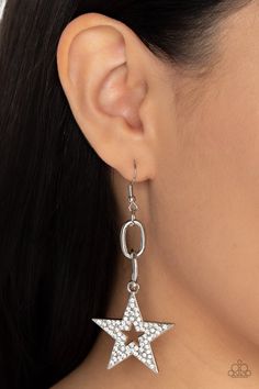 Cosmic Celebrity - White - Paparazzi Earring Image Star Silhouette, Jewelry Catalog, Statement Earring, Paparazzi Accessories, White Rhinestone, Black Earrings, Paparazzi Jewelry, White Earrings, Blue Earrings