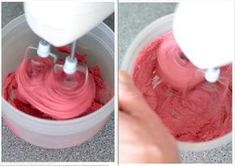 two pictures showing how to make pink icing in a blender and then blending it with a mixer