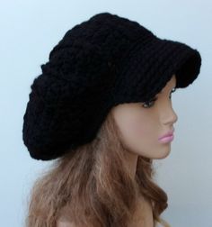 Black Newsboy cap for women or men Visor Hat Slouchy Newsboy Beanie Billed Flat Cap Women Outfits, Outfits Disco, Flat Cap Women, Small Dreads, Tam Hat, Beret Style, Crocheted Hats, Slouchy Beanie Hat, Cap Women