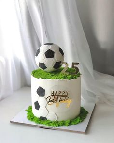 a birthday cake with a soccer ball on top and moss growing in the bottom layer