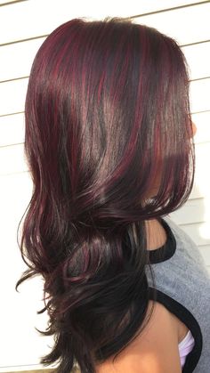 Magenta highlights Brunette Color Highlights, Black N Purple Hair, Red And Purple Highlights On Dark Hair, Dark Pink And Black Hair, Chunky Streaks Hair, Chunky Highlights Dark Hair, Dark Red Hair With Pink Highlights, Dark Purple Hair With Highlights, Dark Purple Hair Highlights