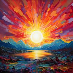 a painting of the sun setting over a body of water with mountains in the background