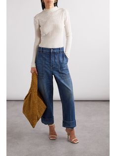 BOTTEGA VENETA High-rise straight-leg jeans | NET-A-PORTER Winter Cardigan, Shearling Jacket, Luxury Shop, Coat Fashion, Jeans Dress, Fashion Advice, Net A Porter, Straight Jeans, Bottega Veneta