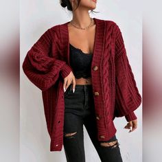 Shein Frenchy Solid Button Front Cable Knit Cardigan Very Oversized. Color: Burgundy The Color Is Exactly Like Stock Pics, My Picture Doesn't Make Justice Measurements In Pics. Very Oversized. Condition: New Without Tags Excellent Colors May Vary Depending On The Screen, All Pics Are Part Of The Description. Remember: Compare The Measurements With Those Of Your Own Clothes. B22 Lantern Sleeve Cardigan, Retro Fashion Women, Cardigan Casual, Winter Vest, 90s Hairstyles, Stil Elegant, 90s Aesthetic, Red Cardigan, Cardigan Women