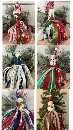 four different christmas tree ornaments with ribbons and snowmen on them, all decorated in various colors