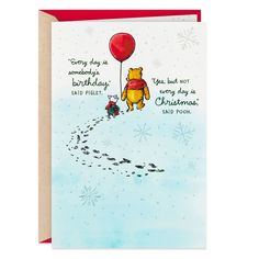 a birthday card with winnie the pooh holding a red balloon