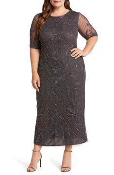 Pisarro Nights Beaded Elbow Sleeve A-Line Dress | Nordstrom Empire Waist Gown, Pisarro Nights, Two Piece Gown, Embellished Shorts, Lace Evening Gowns, Alex Evenings, Beaded Gown, Chiffon Gown, Tea Length Dresses