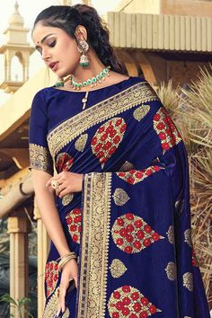 Buy Women's Silk Printed Saree in Navy Blue Blue Traditional Blouse With Motifs, Blue Bollywood Blouse With Motifs, Royal Blue Blouse Piece For Diwali, Royal Blue Blouse For Diwali, Festive Long Sleeve Blue Blouse, Blue Blouse With Diwali Motifs, Blue Motif Blouse For Diwali, Semi-stitched Royal Blue Saree, Fitted Blue Saree For Puja