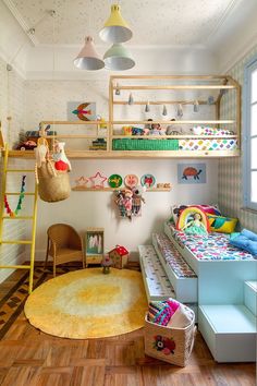 a child's bedroom with bunk beds and toys on the shelves, rugs and other items