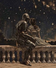 a man and woman sitting on top of a bench under the stars in the sky