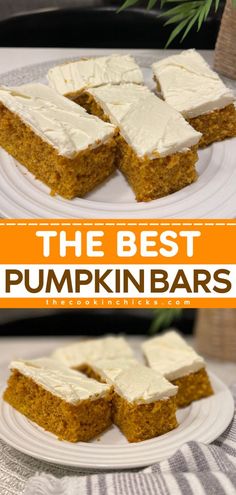 the best pumpkin bars with cream cheese frosting on top are cut into squares and placed on a white plate