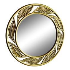 a gold circular mirror with leaves on the front and bottom, reflecting it's image