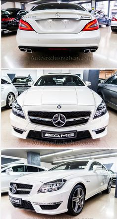 three different views of the front and back of a white mercedes benz coupe with its hood open