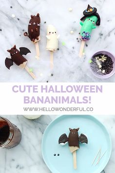 cute halloween banana pops with chocolate and marshmallows on them, sitting on a marble counter top