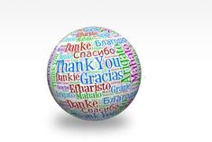 a colorful ball with words written all over it on a white background that says thank you