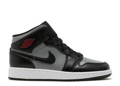 Air Jordan 1 Mid GS 'Shadow' - Air Jordan - 554725 096 - black/particle grey/white/gym red | Flight Club Jordan 1 Mid Shadow Red, Jordan 1 Low Shadow, Air Jordan 1 Mid Gs, Original Air Jordans, Jordan Model, Nike Air Jordan 1 Mid, Jordan Sneakers, Red Sneakers, Nike Air Jordan 1