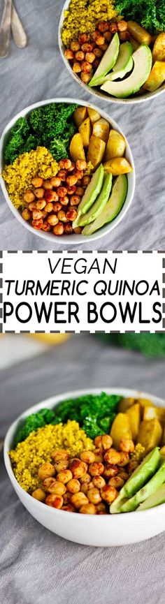 three bowls filled with different types of food on top of each other and the words vegan turmic quinoa power bowls above them