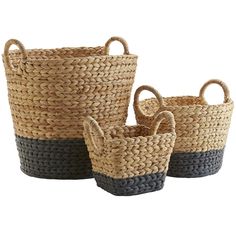 three woven baskets with handles are shown in black, grey and white colors on a white background