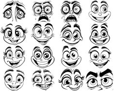 an assortment of cartoon faces with different expressions and facial expressions, all drawn in black and white