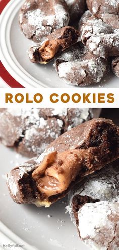 two pictures of chocolate cookies on a plate with the words rollo cookies over them