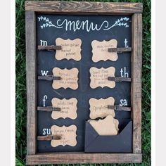 a chalkboard with wooden tags attached to it that says menus and place names