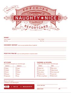 the official naught nice report card is shown in red and white, with an ornate design