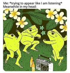 two frogs sitting next to each other on top of a green field with flowers and a radio