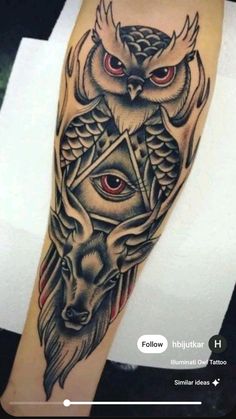 an owl and demon tattoo on the left arm is shown in black and grey colors