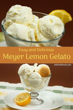 lemon gelato is served in a glass bowl with ice cream and orange slices on the side