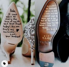 wedding shoes with hand written messages on them