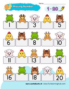 the missing number worksheet for numbers 1 - 20 with animals and birds on it