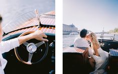 a man and woman are kissing in a boat on the water, while another person is sitting at the steering wheel