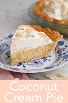 a piece of coconut cream pie on a blue and white plate with text overlay