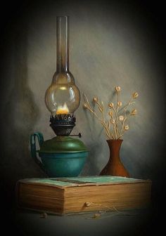 an oil painting of a lamp and vase on a table with a book next to it