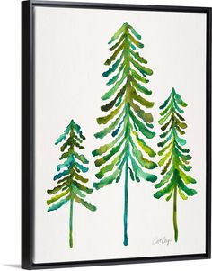 three watercolor pine trees on white background framed canvas wall art print, ready to hang