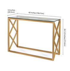 a table with glass top and wooden frame, measurements for the height of the table