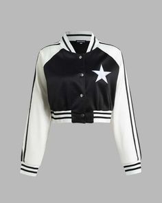 Details: Long-sleeve cropped jacket with star label designTop Length: CroppedSleeve Length: Long SleevesMaterials: 95% Cotton + 5% Spandex Jacket Outfit Drawing, Cropped Jacket Outfit, Edgy Tops, Star Patchwork, Slippers Outfit, Text Letters, High Fashion Outfits, Line Jackets, Cropped Jacket