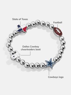 an image of a bracelet with beads on it and the words cowboys written in different languages