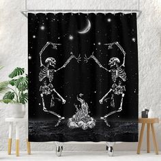 two skeletons dancing in front of the moon on a black and white background shower curtain