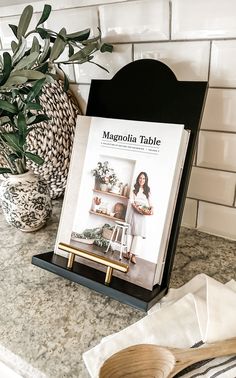 a magazine rack sitting on top of a kitchen counter next to a potted plant