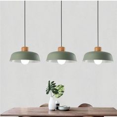 three lights hanging over a wooden table with a potted plant on the top and another light above it